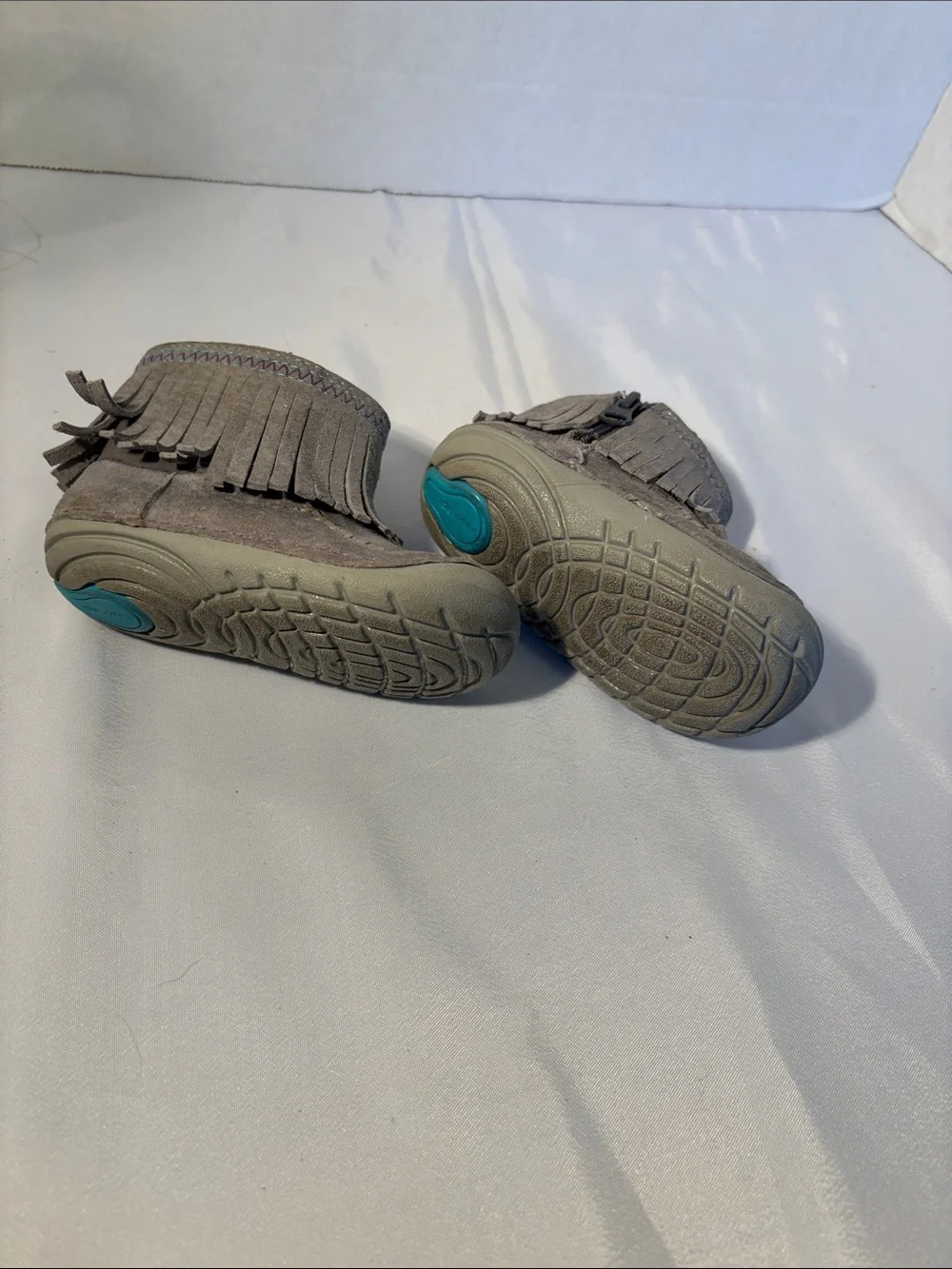 Stride Rite Gray Suede Fringe Moccasins with Purple Lining